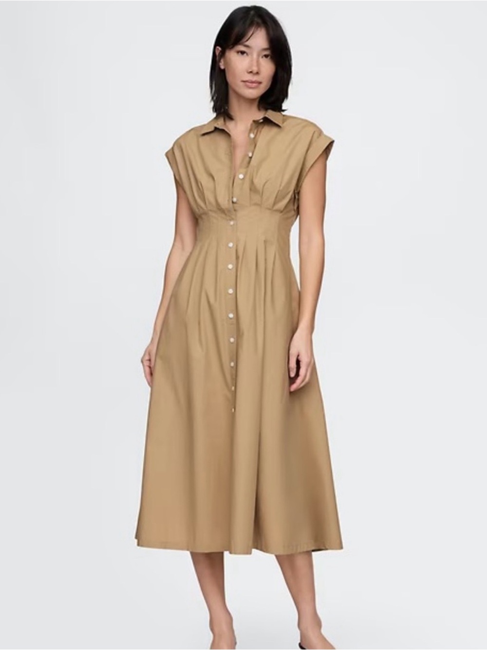 GAP Women's Khaki Cap-Sleeve Maxi Shirtdress